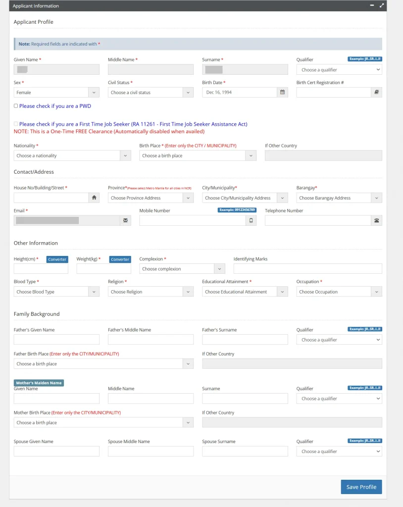 Police Clearance Applicant Form